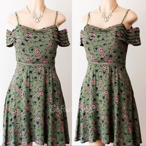 NEW Olive Green Floral Pleated Cold Shoulder Fit & Flare Lined Dress